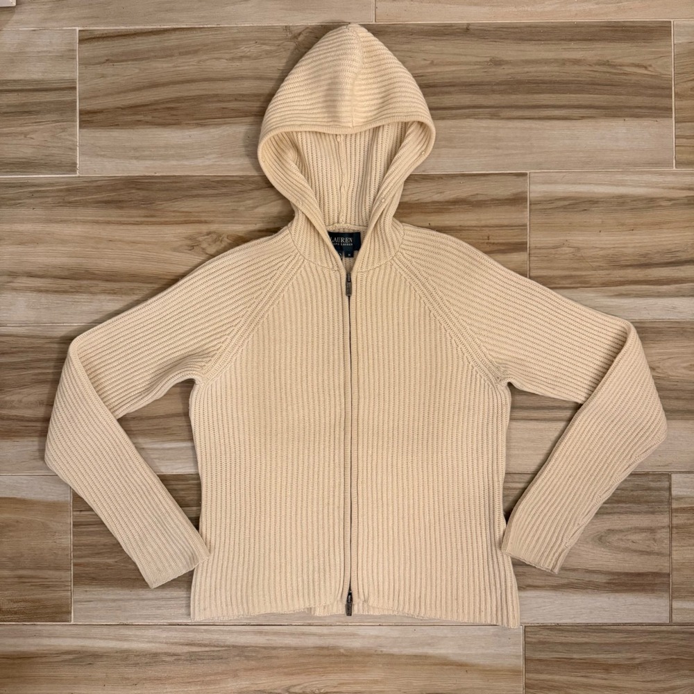 Lauren Ralph Lauren Wool Cashmere Ribbed Full Zip Hoodie Cream Beige Medium
